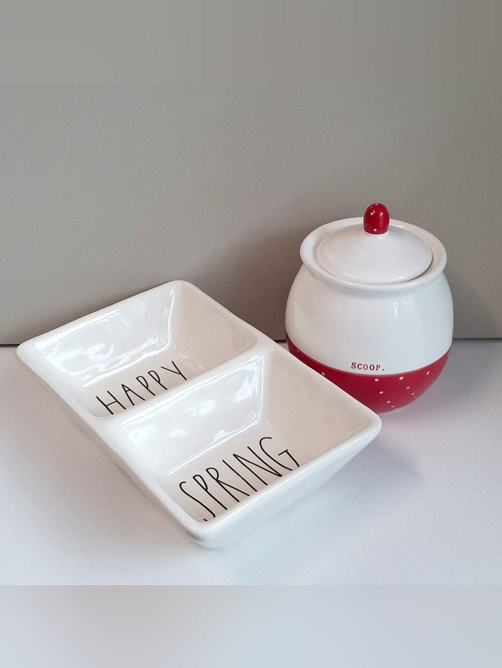 Rae Dunn Magenta "HAPPY SPRING" Ceramic Double Bowl And "SCOOP" Sugar Bowl